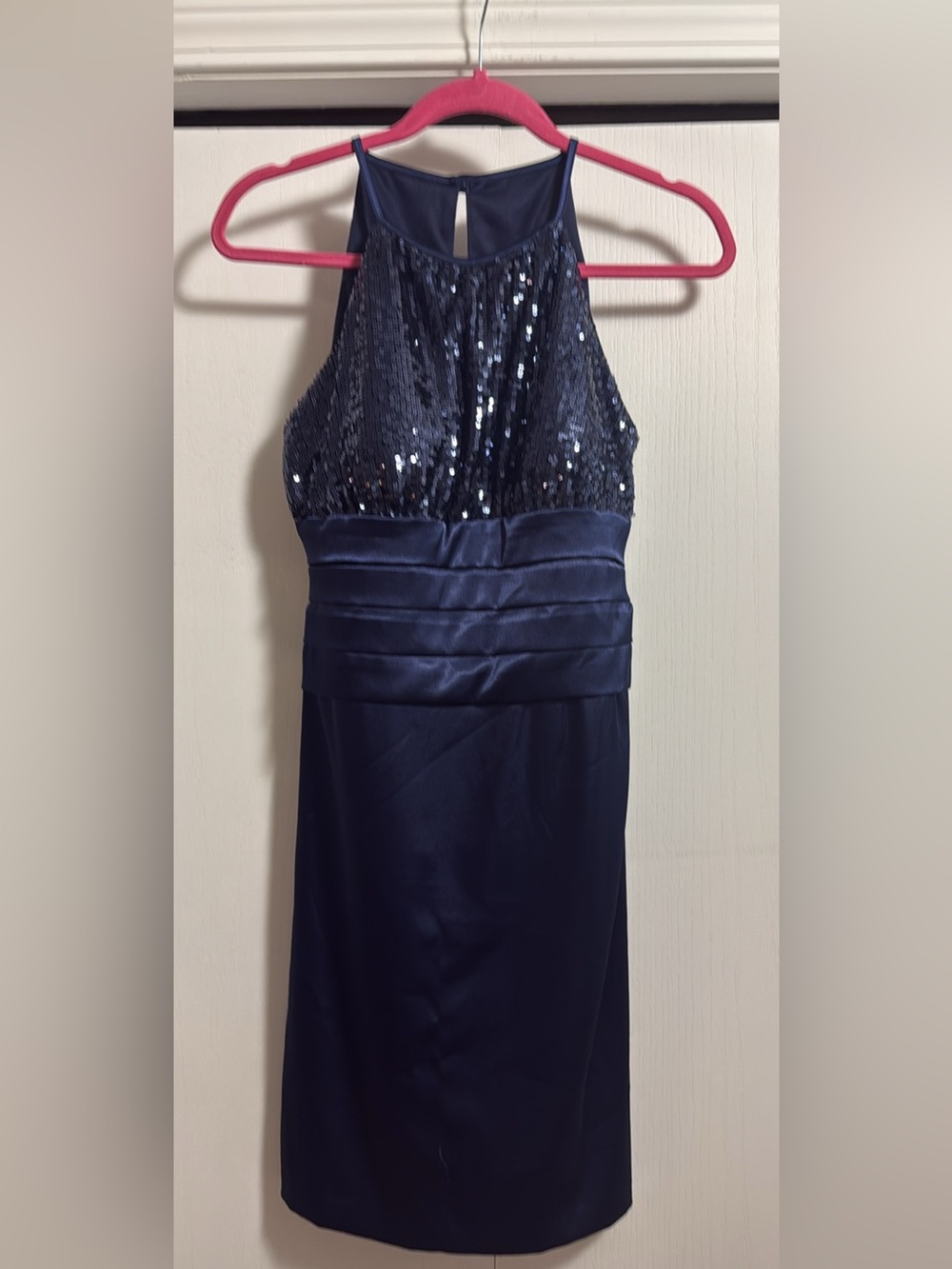 DRESS BARN COLLECTION Navy Halter Dress W/Sequins
Size 4. Unlined